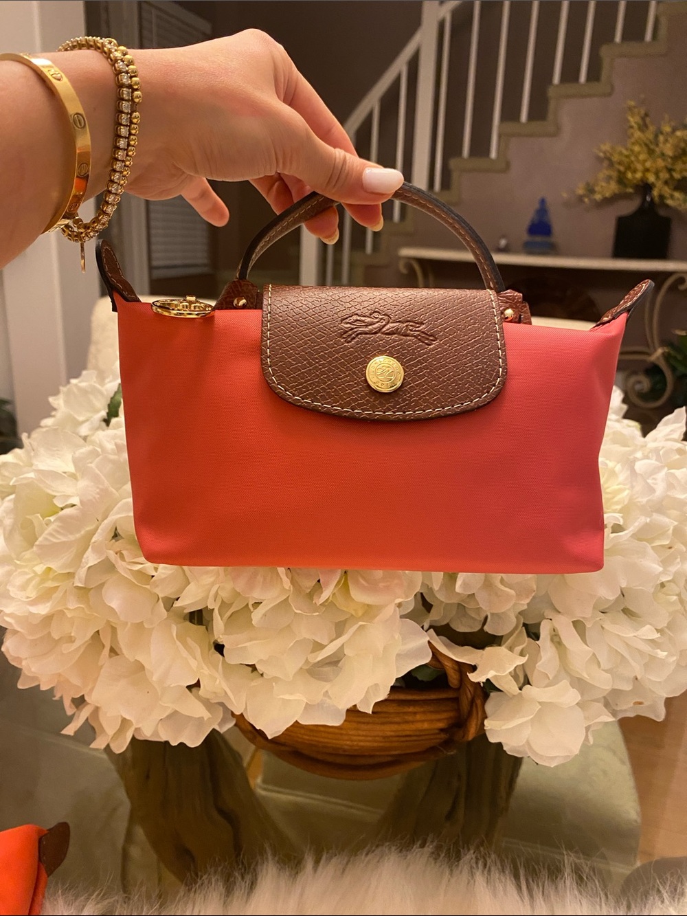 Longchamp small top-handle mini bag in Grenadine with brown trim